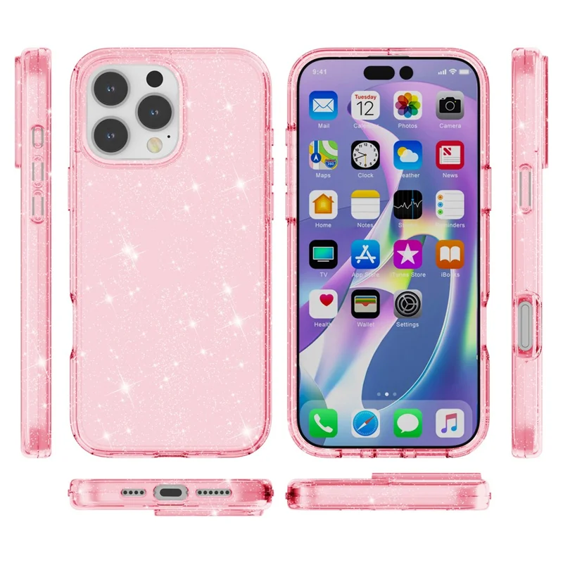 For iPhone 16 Pro Max Case Anti-Scratch PC+TPU Sparkly Glitter Phone Cover - Pink - 8