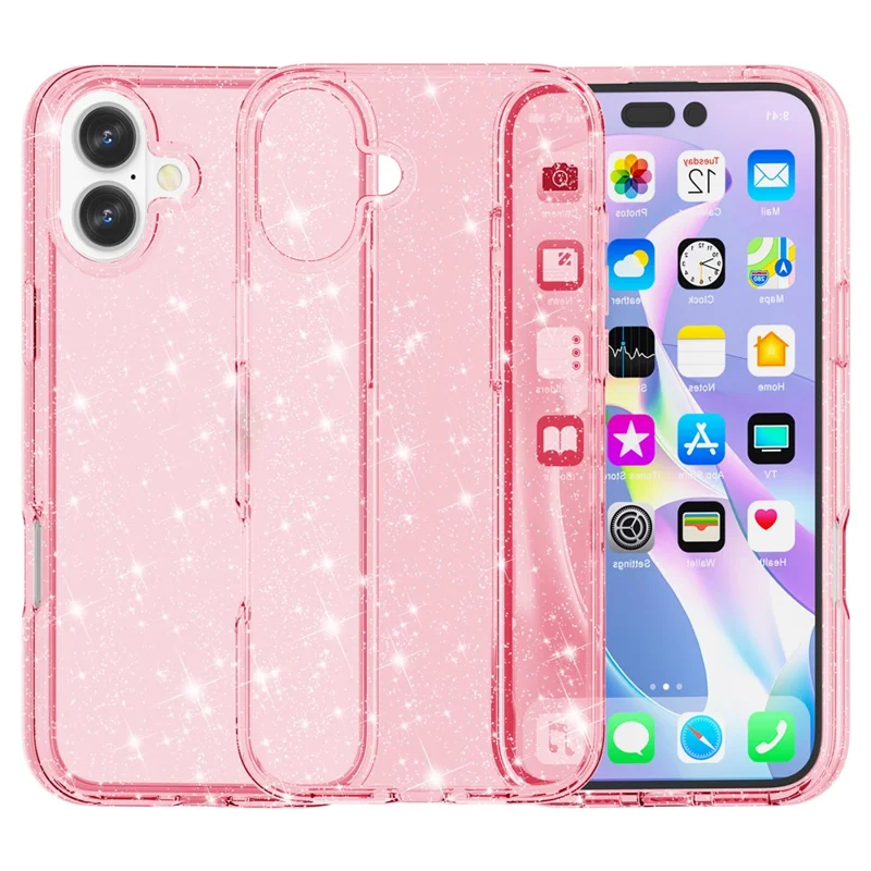 For iPhone 16 Case Sparkly Glitter TPU Frame PC Back Hybrid Phone Cover - Pink - 1