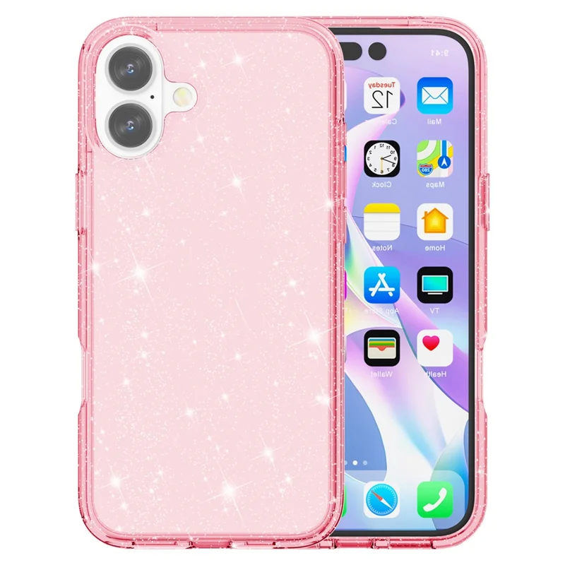 For iPhone 16 Case Sparkly Glitter TPU Frame PC Back Hybrid Phone Cover - Pink - 2