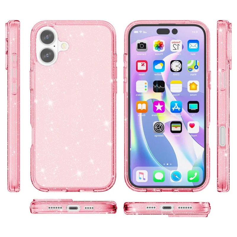 For iPhone 16 Case Sparkly Glitter TPU Frame PC Back Hybrid Phone Cover - Pink - 8