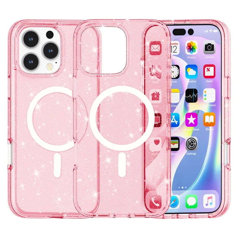 For iPhone 16 Pro Magnetic Case Compatible with MagSafe PC+TPU Glitter Phone Cover - Pink - 1