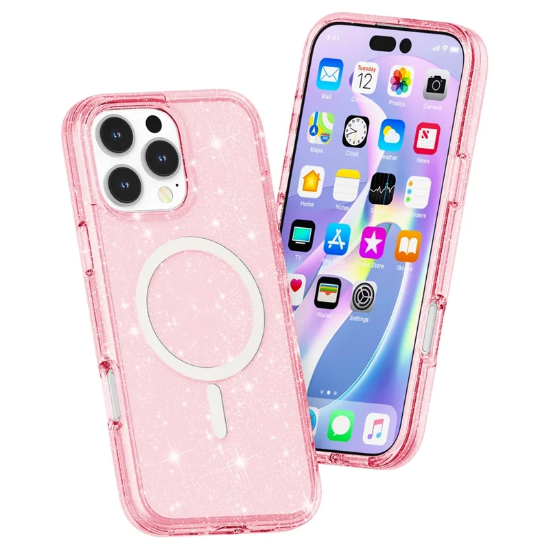 For iPhone 16 Pro Magnetic Case Compatible with MagSafe PC+TPU Glitter Phone Cover - Pink - 3