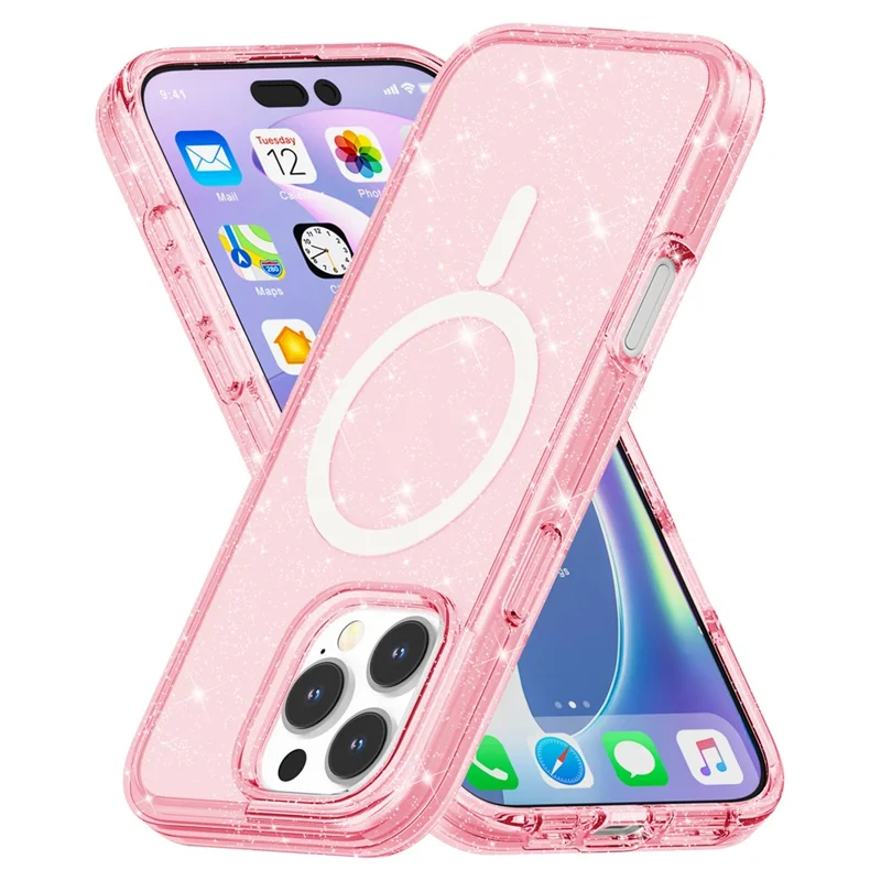 For iPhone 16 Pro Magnetic Case Compatible with MagSafe PC+TPU Glitter Phone Cover - Pink - 4