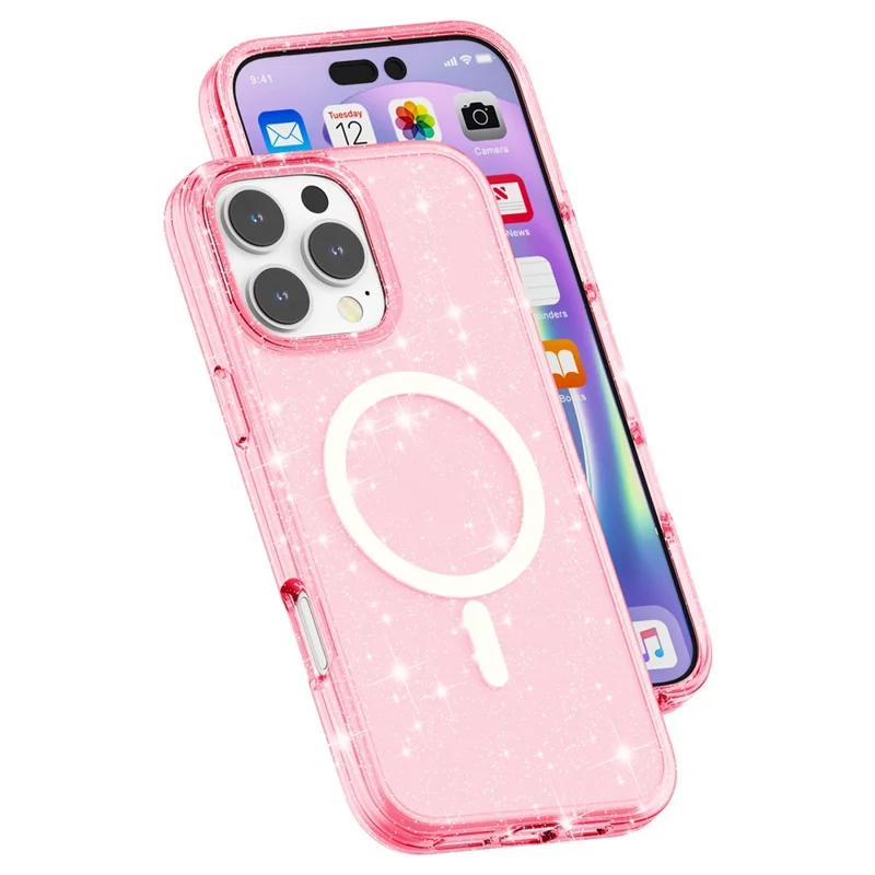 For iPhone 16 Pro Magnetic Case Compatible with MagSafe PC+TPU Glitter Phone Cover - Pink - 5