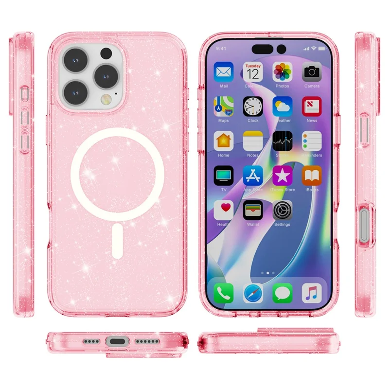 For iPhone 16 Pro Magnetic Case Compatible with MagSafe PC+TPU Glitter Phone Cover - Pink - 8