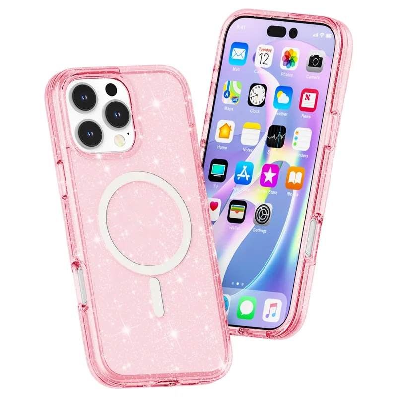 For iPhone 16 Pro Max Case Sparkly Glitter PC+TPU Phone Cover Compatible with MagSafe - Pink - 3