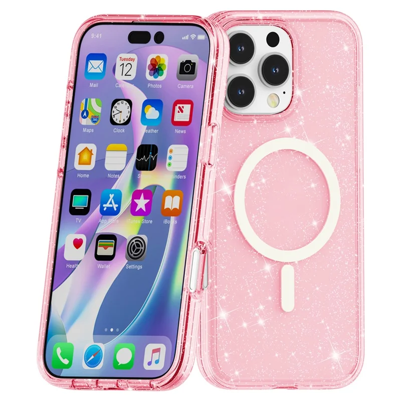 For iPhone 16 Pro Max Case Sparkly Glitter PC+TPU Phone Cover Compatible with MagSafe - Pink - 6