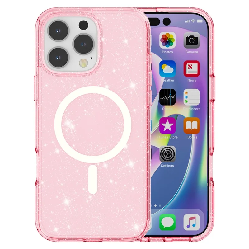 For iPhone 16 Pro Max Case Sparkly Glitter PC+TPU Phone Cover Compatible with MagSafe - Pink - 7
