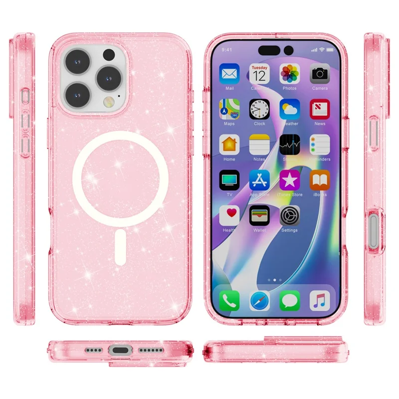 For iPhone 16 Pro Max Case Sparkly Glitter PC+TPU Phone Cover Compatible with MagSafe - Pink - 8