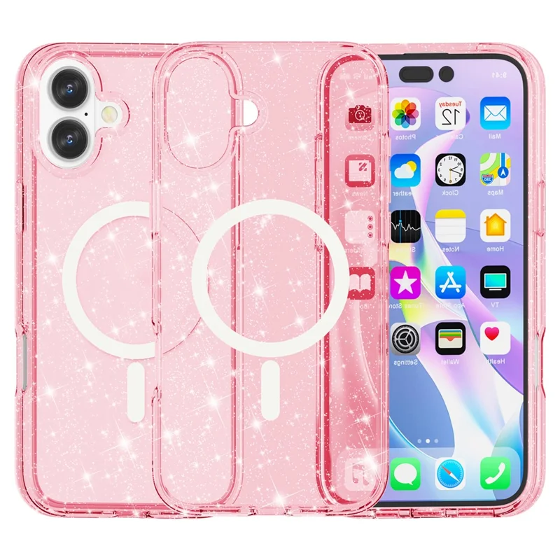 For iPhone 16 Case Compatible with MagSafe Sparkly Glitter PC+TPU Phone Cover - Pink - 1
