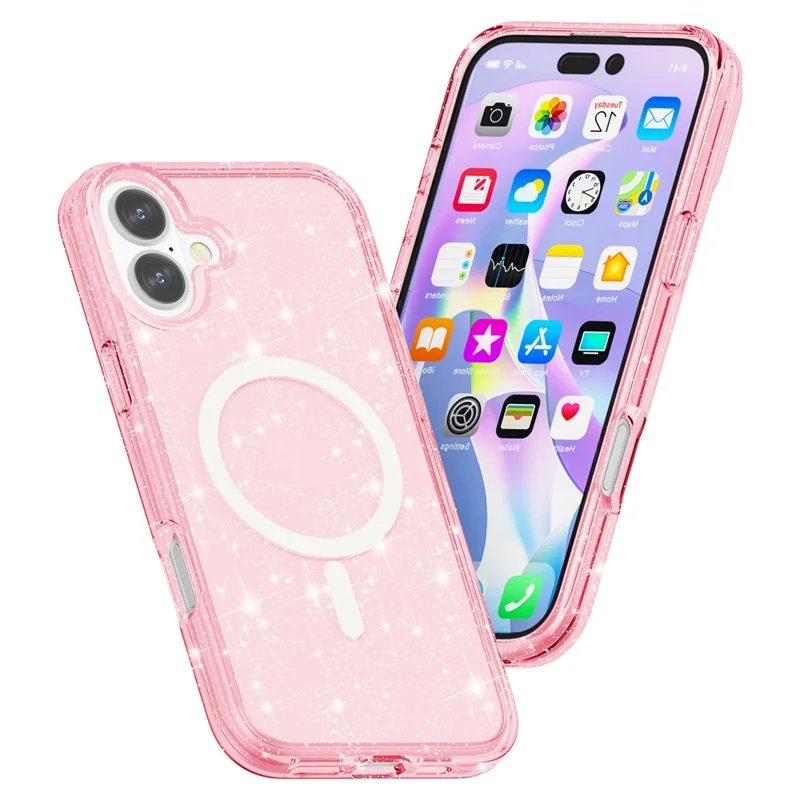 For iPhone 16 Case Compatible with MagSafe Sparkly Glitter PC+TPU Phone Cover - Pink - 3