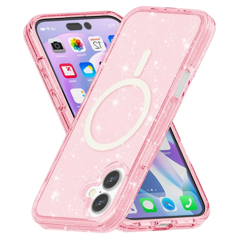 For iPhone 16 Case Compatible with MagSafe Sparkly Glitter PC+TPU Phone Cover - Pink - 4