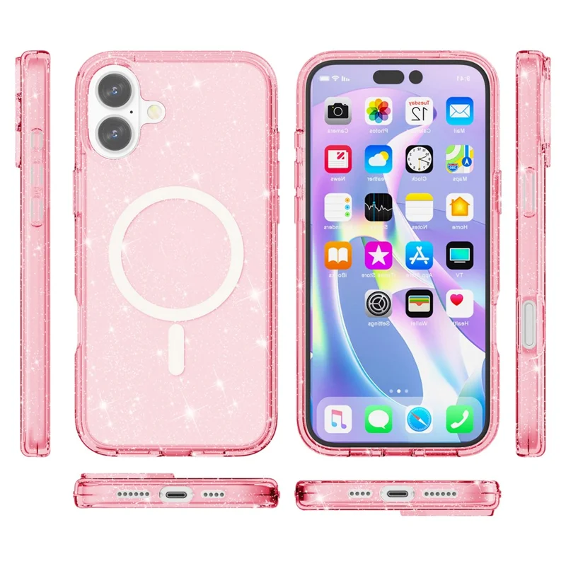 For iPhone 16 Case Compatible with MagSafe Sparkly Glitter PC+TPU Phone Cover - Pink - 8