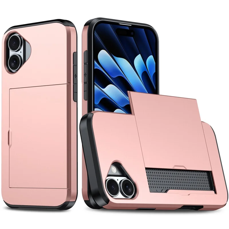 For iPhone 16 Case Dual Layer TPU + PC Phone Cover with Sliding Card Slot - Rose Gold - 1