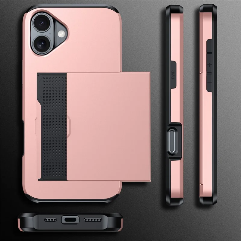 For iPhone 16 Case Dual Layer TPU + PC Phone Cover with Sliding Card Slot - Rose Gold - 10