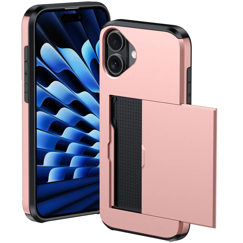 For iPhone 16 Case Dual Layer TPU + PC Phone Cover with Sliding Card Slot - Rose Gold - 2