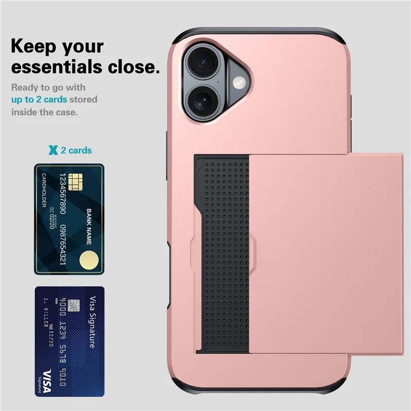 For iPhone 16 Case Dual Layer TPU + PC Phone Cover with Sliding Card Slot - Rose Gold - 3