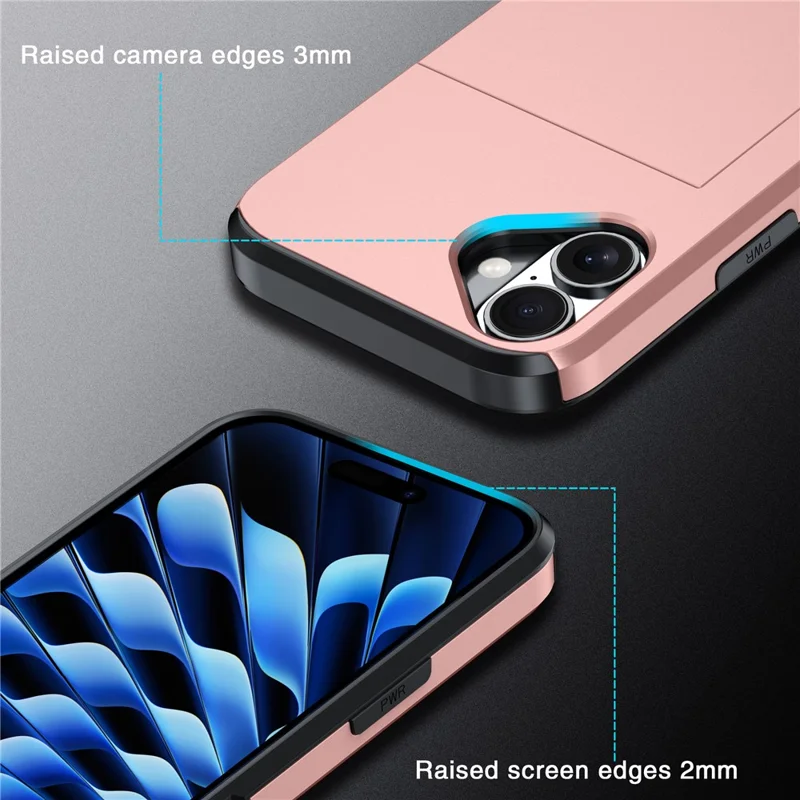 For iPhone 16 Case Dual Layer TPU + PC Phone Cover with Sliding Card Slot - Rose Gold - 4