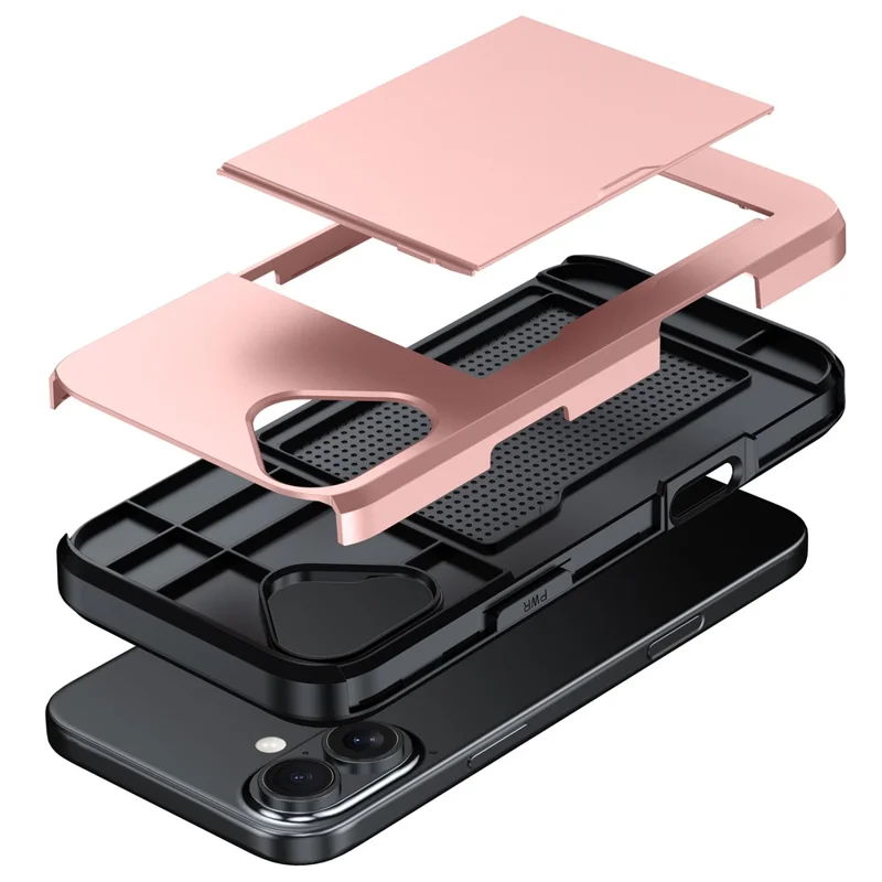 For iPhone 16 Case Dual Layer TPU + PC Phone Cover with Sliding Card Slot - Rose Gold - 5