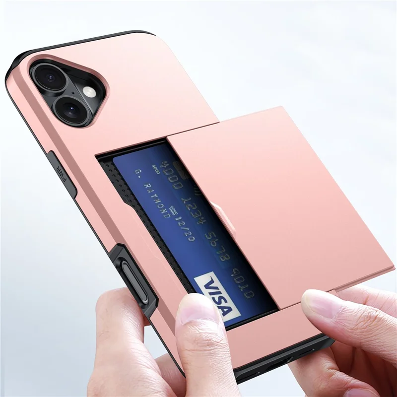For iPhone 16 Case Dual Layer TPU + PC Phone Cover with Sliding Card Slot - Rose Gold - 6