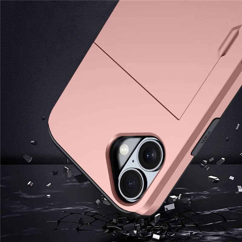 For iPhone 16 Case Dual Layer TPU + PC Phone Cover with Sliding Card Slot - Rose Gold - 7