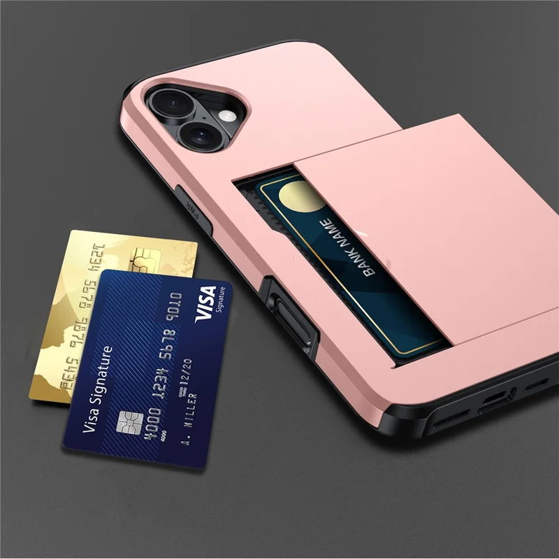 For iPhone 16 Case Dual Layer TPU + PC Phone Cover with Sliding Card Slot - Rose Gold - 8