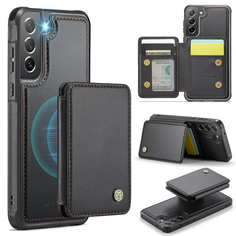 JEEHOOD J05 For Samsung Galaxy S21 FE 5G Case Leather Mobile Cover with Detachable Magnetic Card Bag - Black - 1