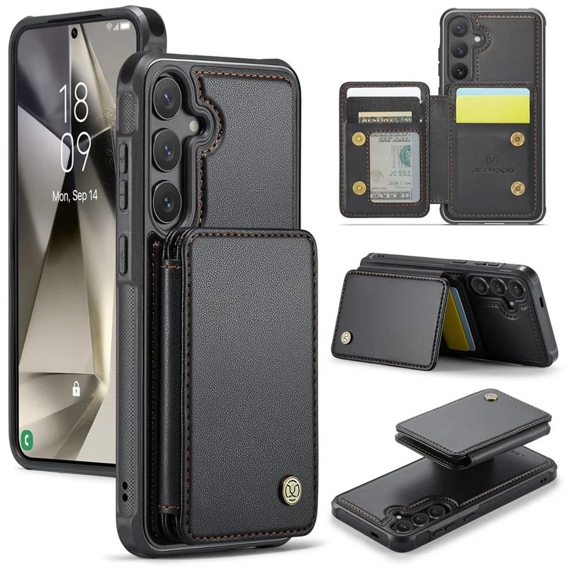 JEEHOOD J05 For Samsung Galaxy S24 Case Leather Mobile Cover with Detachable Magnetic Card Bag - Black - 1