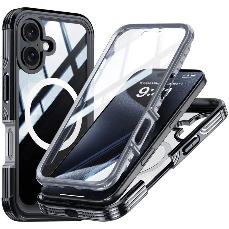 For iPhone 16 Magnetic Case with Tempered Glass Film PC + TPU Full Rugged Phone Cover - Black / Grey - 1