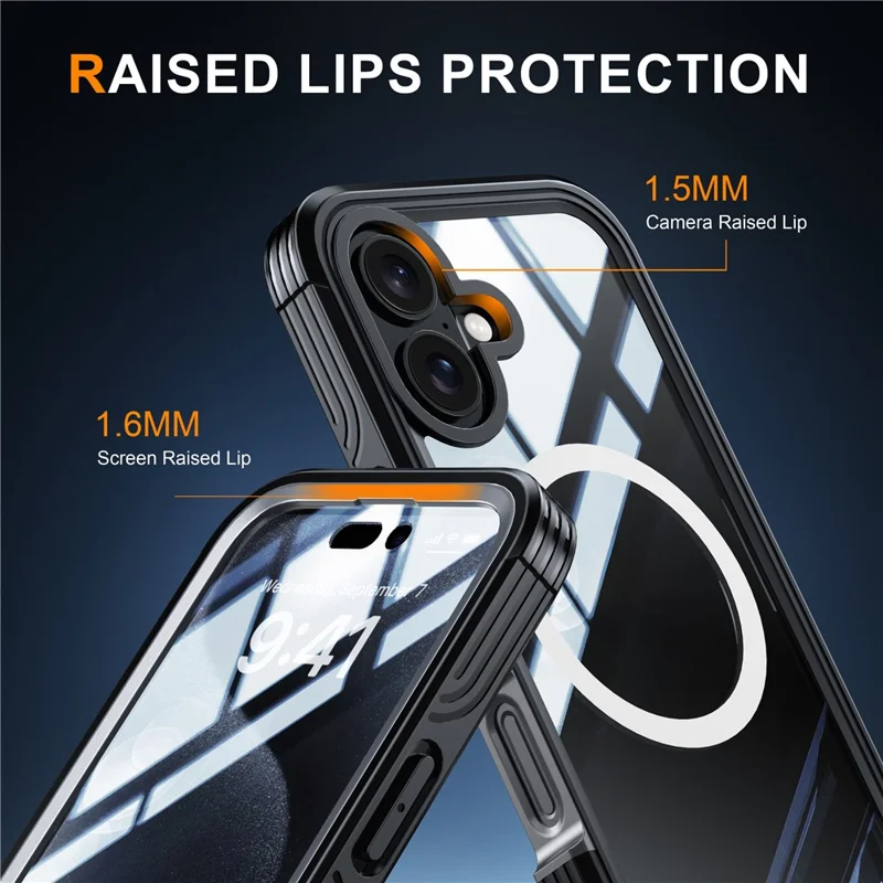 For iPhone 16 Magnetic Case with Tempered Glass Film PC + TPU Full Rugged Phone Cover - Black / Grey - 3
