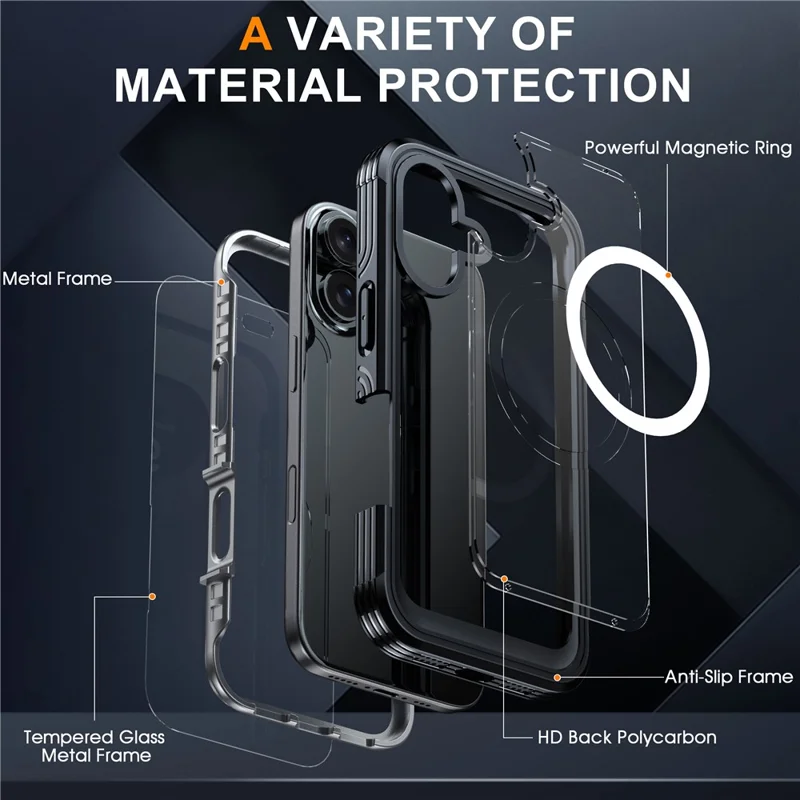 For iPhone 16 Magnetic Case with Tempered Glass Film PC + TPU Full Rugged Phone Cover - Black / Grey - 4