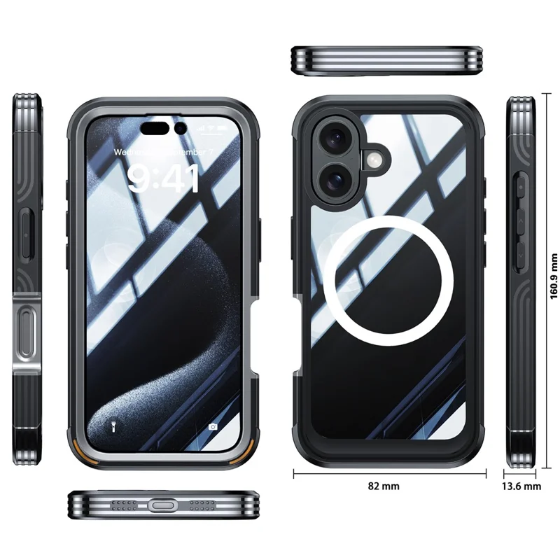 For iPhone 16 Magnetic Case with Tempered Glass Film PC + TPU Full Rugged Phone Cover - Black / Grey - 8