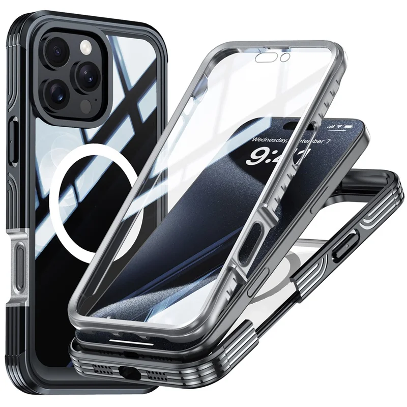 For iPhone 16 Pro Magnetic Case PC + TPU Full Protection Phone Cover with Screen Film - Black / Grey - 1