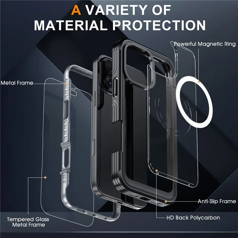 For iPhone 16 Pro Magnetic Case PC + TPU Full Protection Phone Cover with Screen Film - Black / Grey - 4