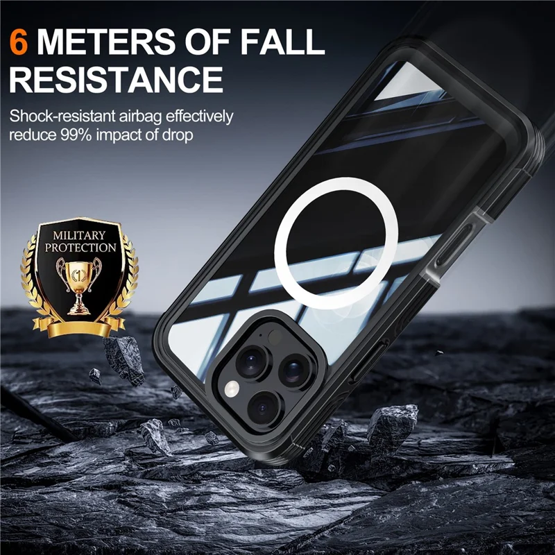For iPhone 16 Pro Magnetic Case PC + TPU Full Protection Phone Cover with Screen Film - Black / Grey - 6