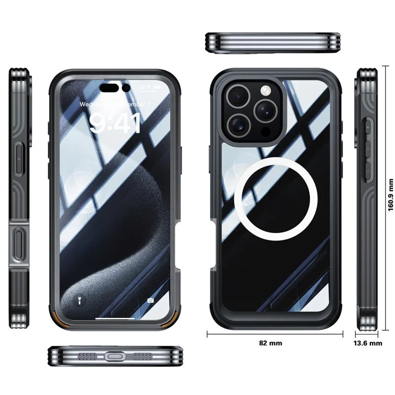 For iPhone 16 Pro Magnetic Case PC + TPU Full Protection Phone Cover with Screen Film - Black / Grey - 8