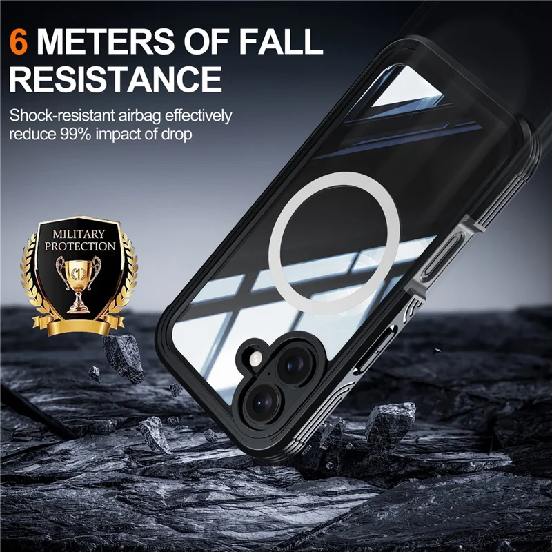 For iPhone 16 Plus Magnetic Case with Screen Film Full Protection PC + TPU Phone Cover - Black / Grey - 6