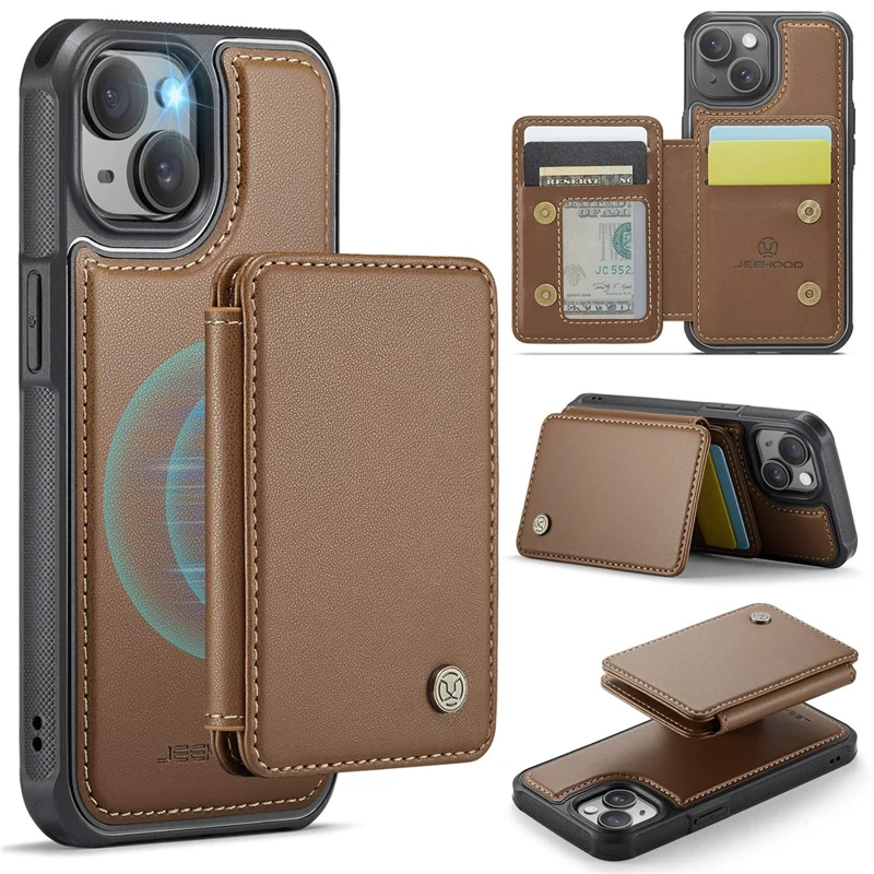 JEEHOOD J05 For iPhone 13 Case Leather Mobile Cover with Detachable Magnetic Card Bag - Brown - 1