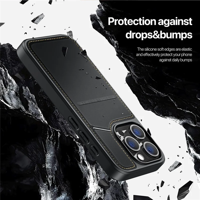 DUX DUCIS Rafi II Series for iPhone 16 Pro Magnetic Case Kickstand Card Slots Leather+TPU Phone Cover - Black - 12