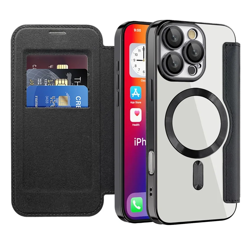 For iPhone 16 Pro Case Compatible with MagSafe PU Leather Card Slots Phone Cover - Black - 2