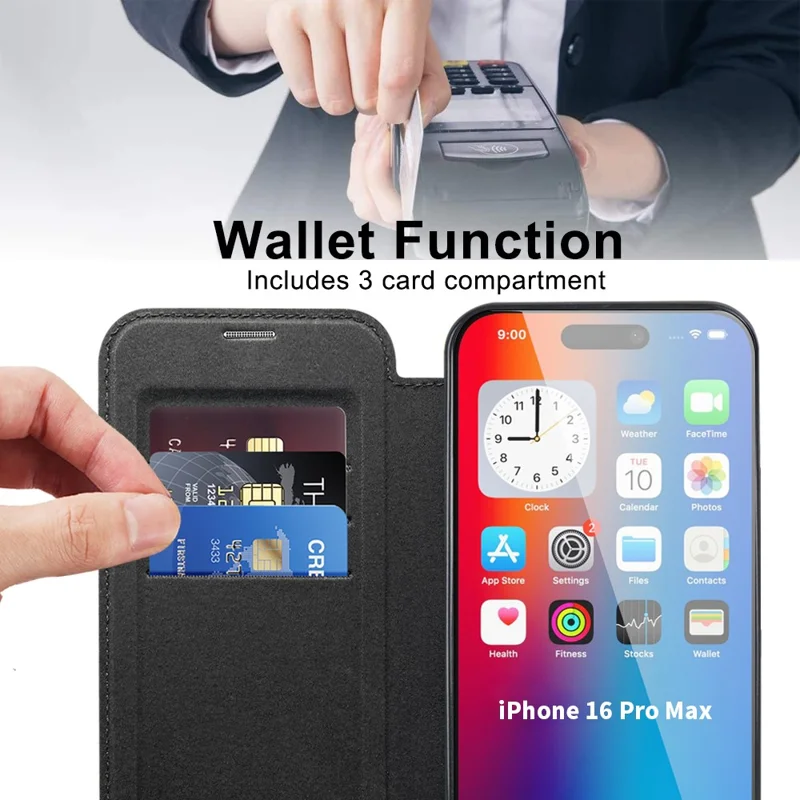 For iPhone 16 Pro Case Compatible with MagSafe PU Leather Card Slots Phone Cover - Black - 3