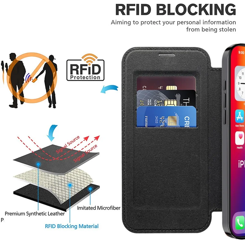 For iPhone 16 Pro Case Compatible with MagSafe PU Leather Card Slots Phone Cover - Black - 5