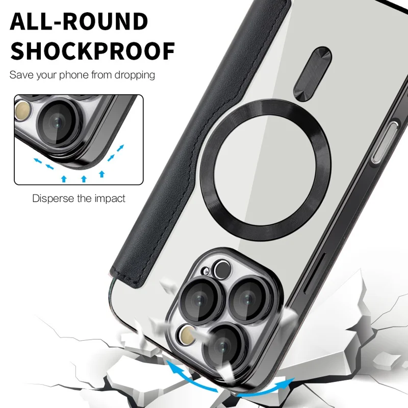 For iPhone 16 Pro Case Compatible with MagSafe PU Leather Card Slots Phone Cover - Black - 7