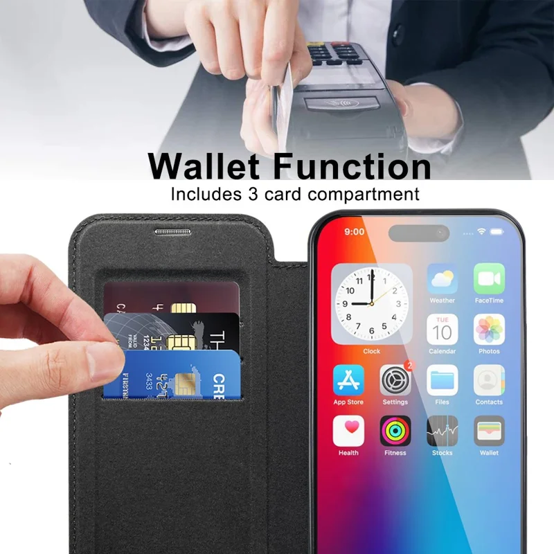 For iPhone 16 Magnetic Case RFID Blocking Leather Phone Cover - Black - 3
