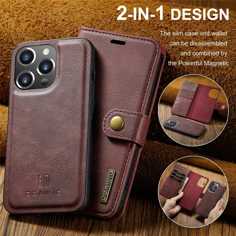 DG.MING for iPhone 16 Pro Max Case Detachable Split Leather Phone Cover - Red - 7