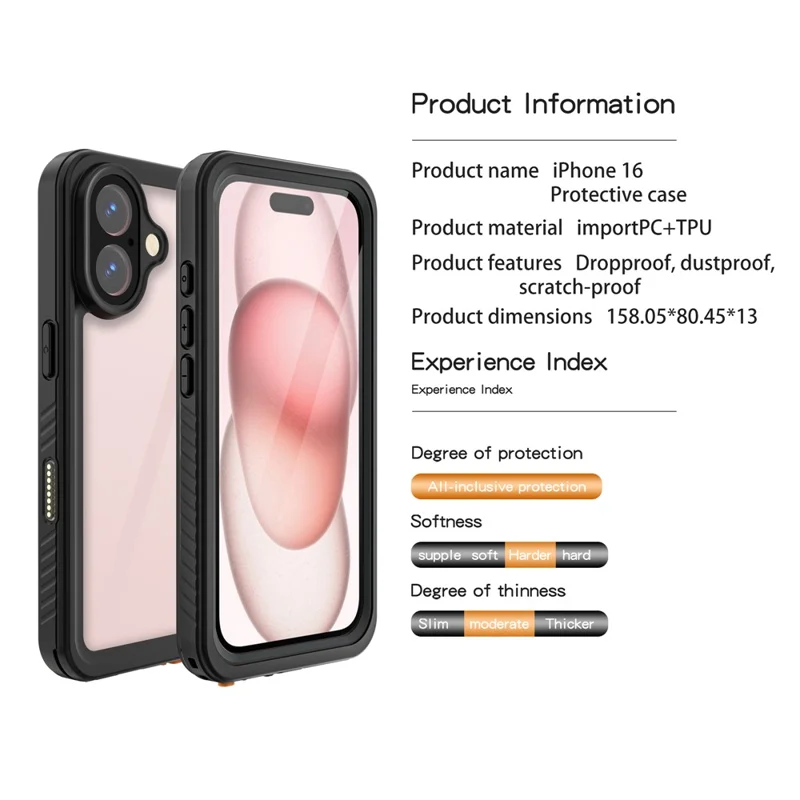 REDPEPPER FS Series For iPhone 16 Cell Phone Case IP68 Waterproof Clear Back Panel Phone Cover - 10