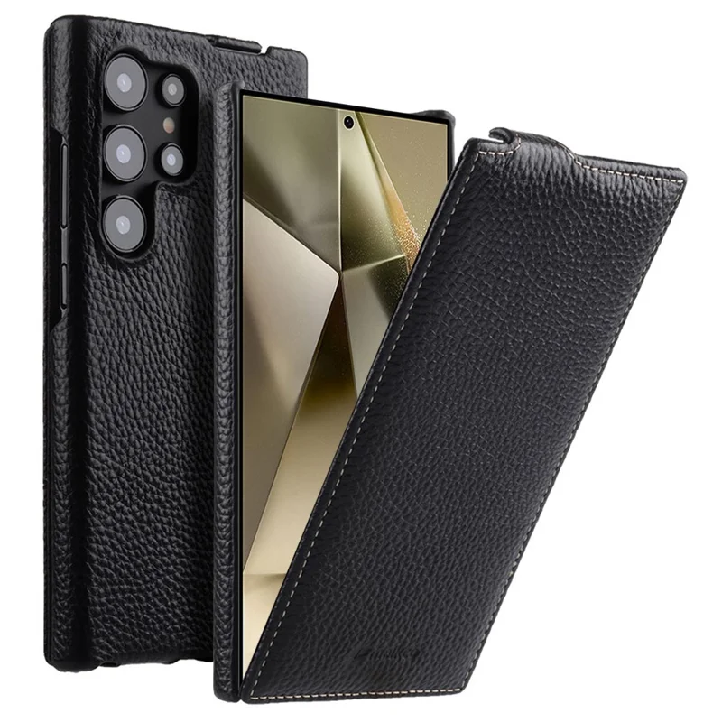 MELKCO For Samsung Galaxy S24 Ultra Case Genuine Cow Leather Phone Cover Vertical Up and Down Flip - Black - 1