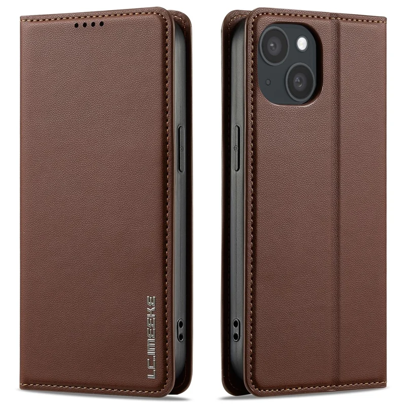 LC.IMEEKE L1 Series for iPhone 15 Plus Case PU Leather Wallet Stand Protective Phone Cover - Brown - 1