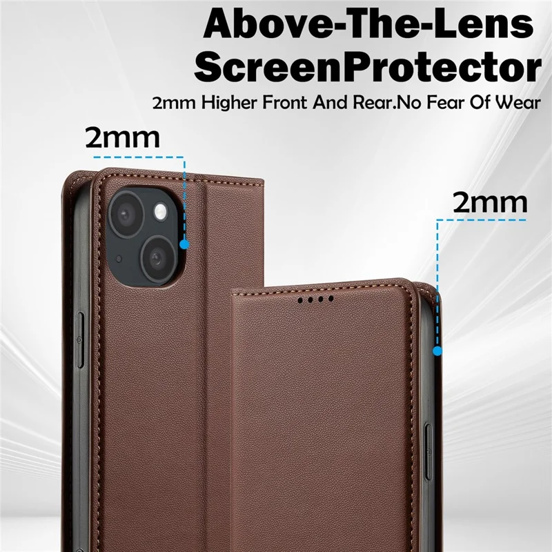 LC.IMEEKE L1 Series for iPhone 15 Plus Case PU Leather Wallet Stand Protective Phone Cover - Brown - 10