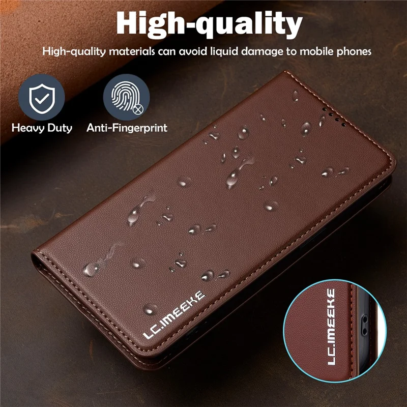 LC.IMEEKE L1 Series for iPhone 15 Plus Case PU Leather Wallet Stand Protective Phone Cover - Brown - 11
